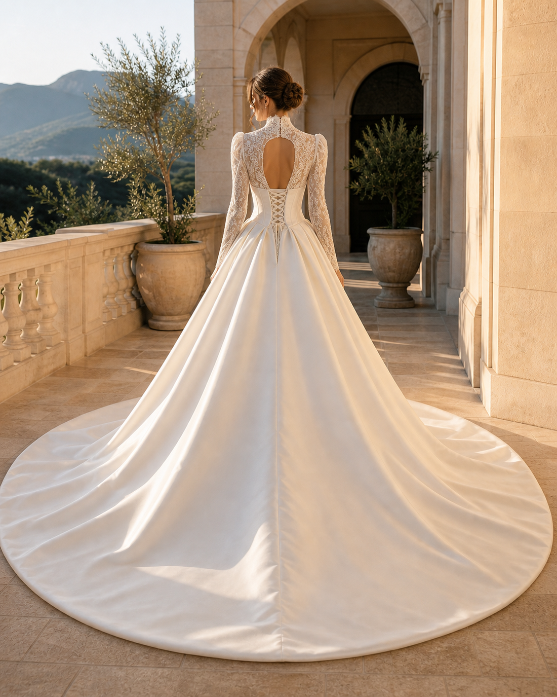 MANT Deep V-Neck Lace-Inset Satin Ball Gown Wedding Dress