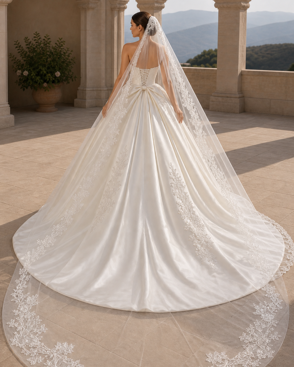 MANT Lace-Bodice Appliqué Satin Ball Gown Wedding Dress