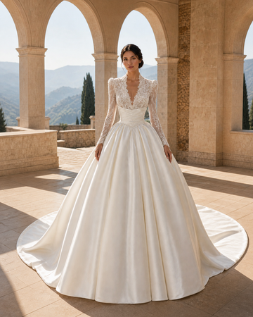 MANT High-Neck Lace-Bodice Satin Ball Gown Wedding Dress
