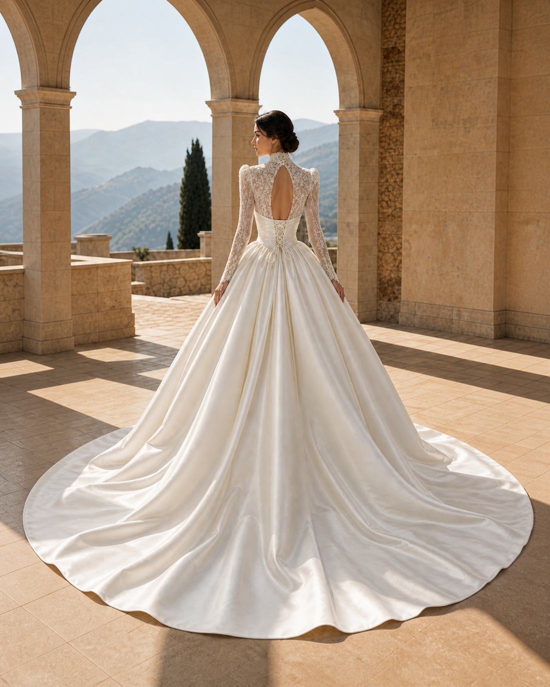 MANT High-Neck Lace-Bodice Satin Ball Gown Wedding Dress