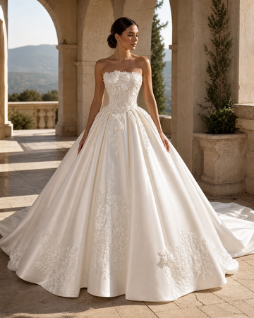 MANT Off-Shoulder Lace-Sleeve Satin Ball Gown Wedding Dress