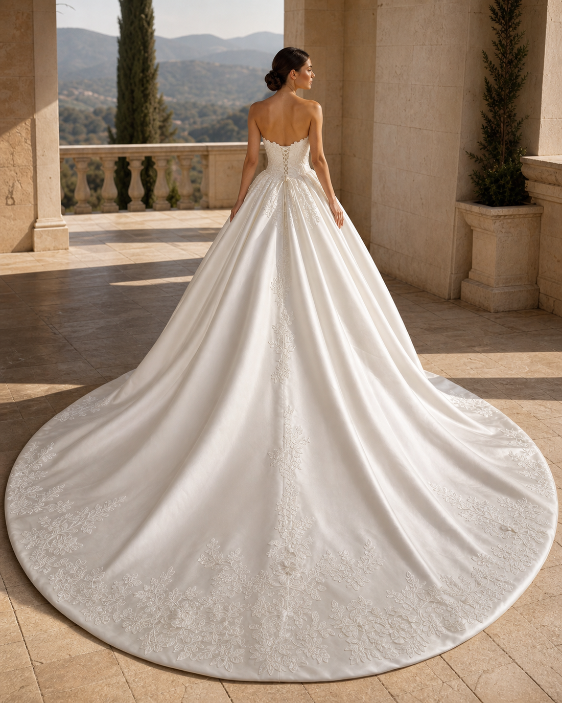 MANT Off-Shoulder Lace-Sleeve Satin Ball Gown Wedding Dress