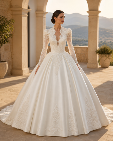 MANT Deep V-Neck Long-Sleeve Lace Ball Gown Wedding Dress