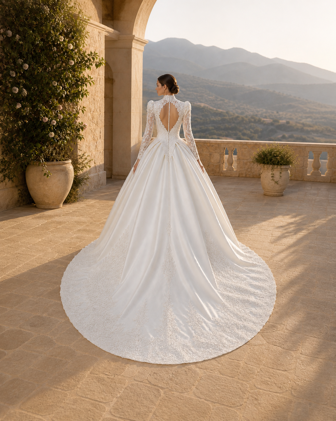 MANT Deep V-Neck Long-Sleeve Lace Ball Gown Wedding Dress