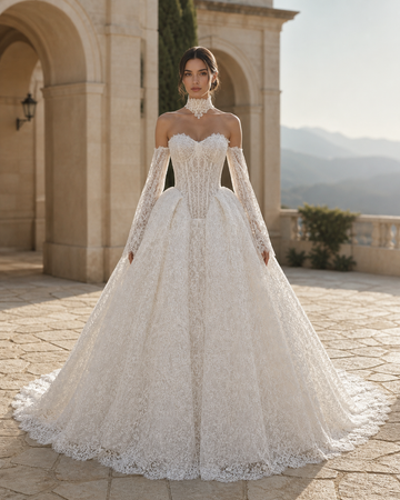 MANT Cap-Sleeve Allover Lace Ball Gown Wedding Dress