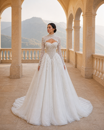 MANT High-Neck Long-Sleeve Appliqué Ball Gown Wedding Dress