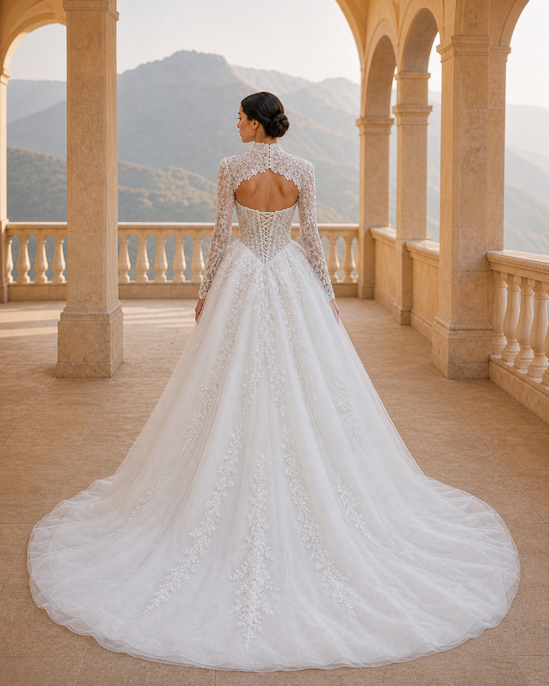 MANT High-Neck Long-Sleeve Appliqué Ball Gown Wedding Dress