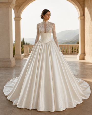 MANT High-Collar Long-Sleeve Satin Ball Gown Wedding Dress