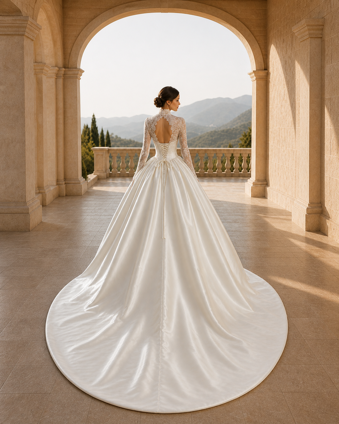 MANT High-Collar Long-Sleeve Satin Ball Gown Wedding Dress