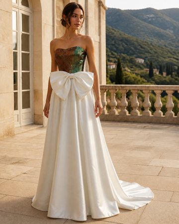 MANT Contrast-Bodice Bow Ball Gown Wedding Dress