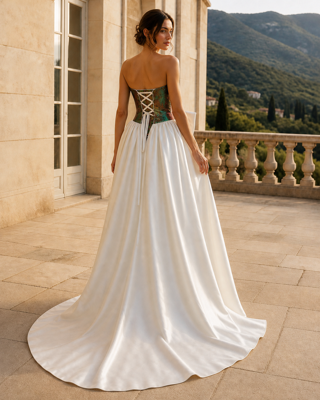 MANT Contrast-Bodice Bow Ball Gown Wedding Dress
