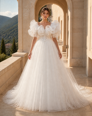 MANT Voluminous Puff-Sleeve Ball Gown Wedding Dress