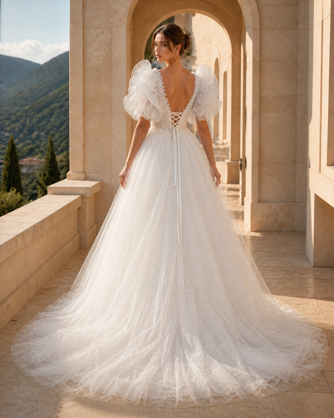 MANT Voluminous Puff-Sleeve Ball Gown Wedding Dress