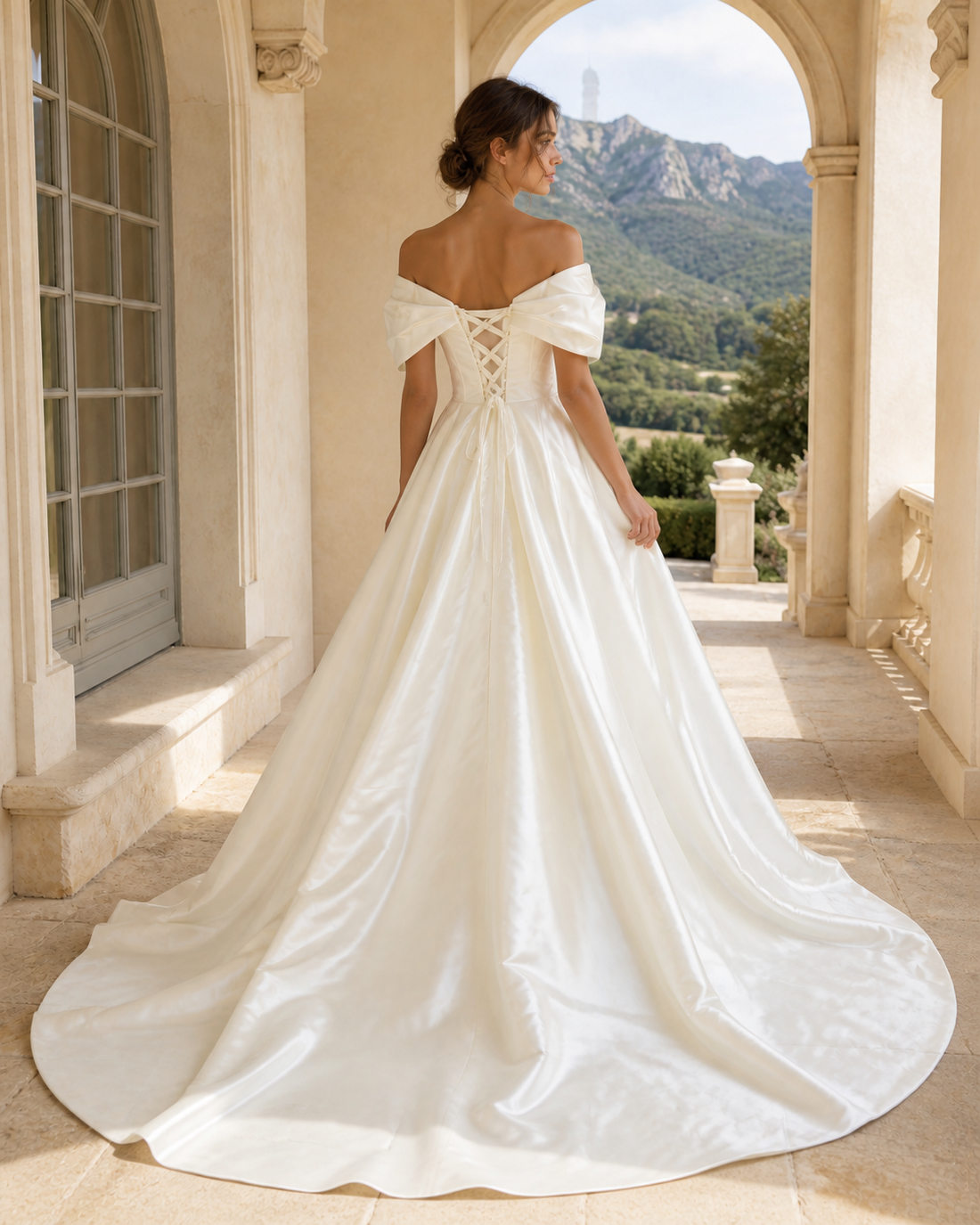 MANT Deep V Sculpted Puff-Sleeve Ball Gown Wedding Dress