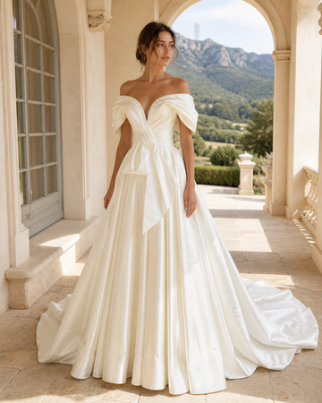 MANT Deep V Sculpted Puff-Sleeve Ball Gown Wedding Dress
