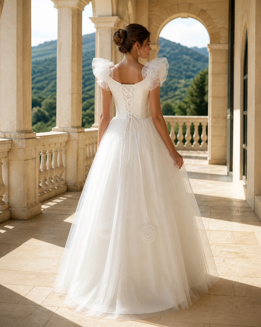 MANT Ruffle Cap-Sleeve Scoop-Neck Ball Gown Wedding Dress