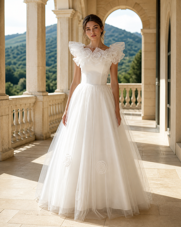 MANT Ruffle Cap-Sleeve Scoop-Neck Ball Gown Wedding Dress
