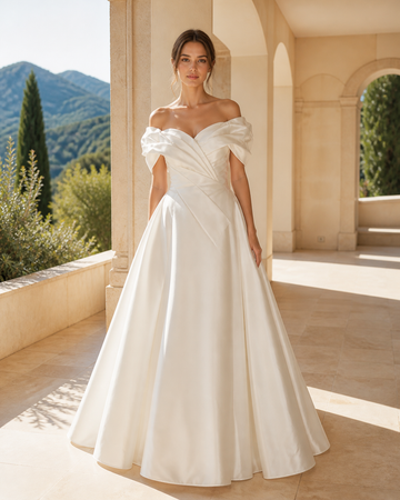 MANT Ruched Off-Shoulder Ball Gown Wedding Dress