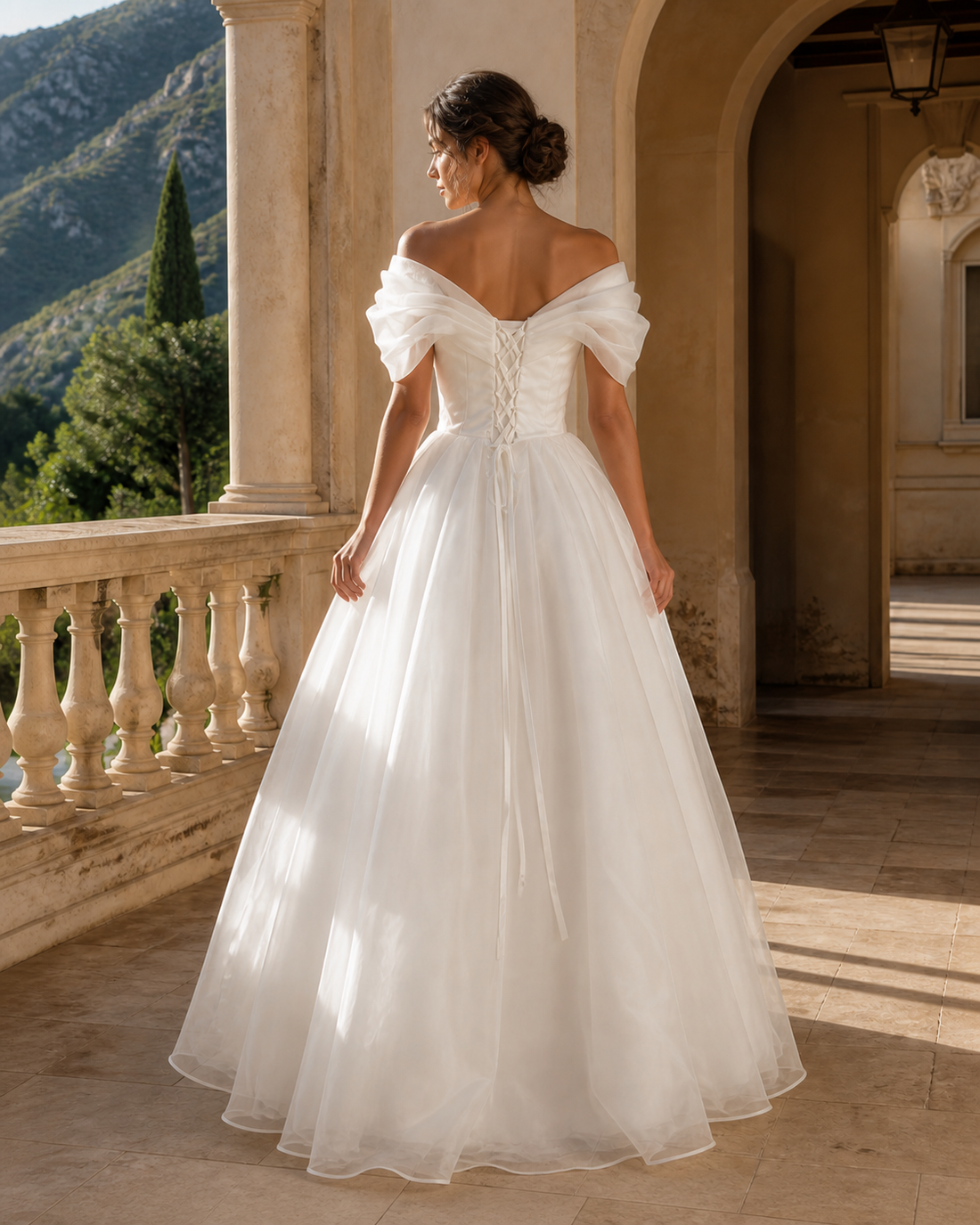 MANT Ruched Off-Shoulder Ball Gown Wedding Dress