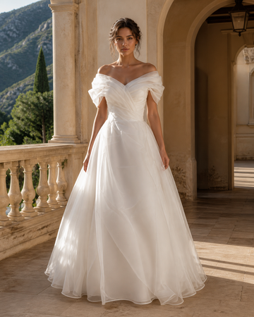MANT Ruched Off-Shoulder Ball Gown Wedding Dress