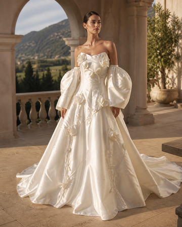 MANT Floral Deep V Puff-Sleeve Ball Gown Wedding Dress