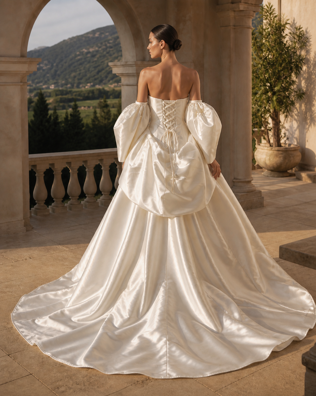 MANT Floral Deep V Puff-Sleeve Ball Gown Wedding Dress