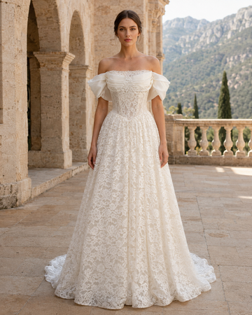 MANT Off-Shoulder Draped Floral Lace A-Line Wedding Dress