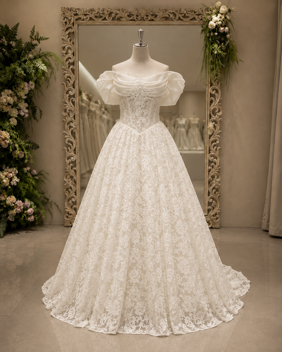 MANT Off-Shoulder Draped Floral Lace A-Line Wedding Dress