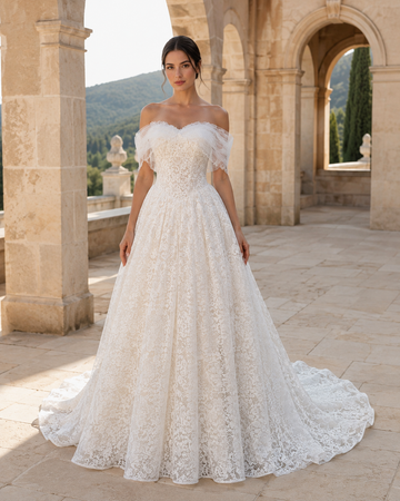 MANT Off-Shoulder Ruffle Sweetheart Lace A-Line Wedding Dress