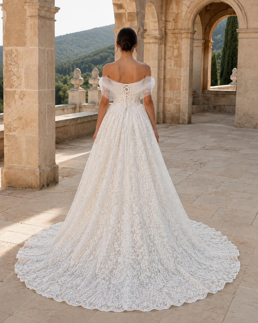MANT Off-Shoulder Ruffle Sweetheart Lace A-Line Wedding Dress
