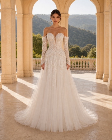 MANT Plunging Sweetheart Long-Sleeve Lace A-Line Wedding Dress