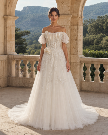 MANT Off-Shoulder Puff-Sleeve Floral Lace A-Line Wedding Dress