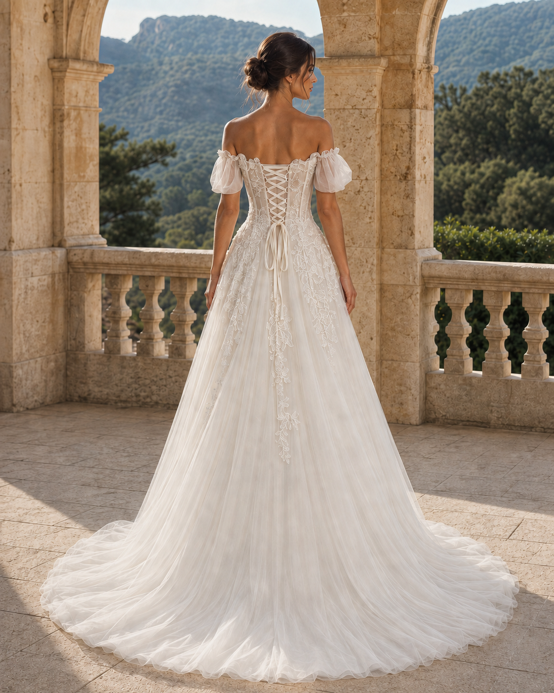MANT Off-Shoulder Puff-Sleeve Floral Lace A-Line Wedding Dress