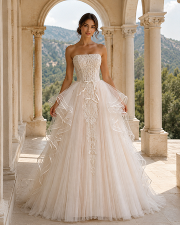 MANT Strapless Lace Cascade Ruffle A-Line Wedding Dress