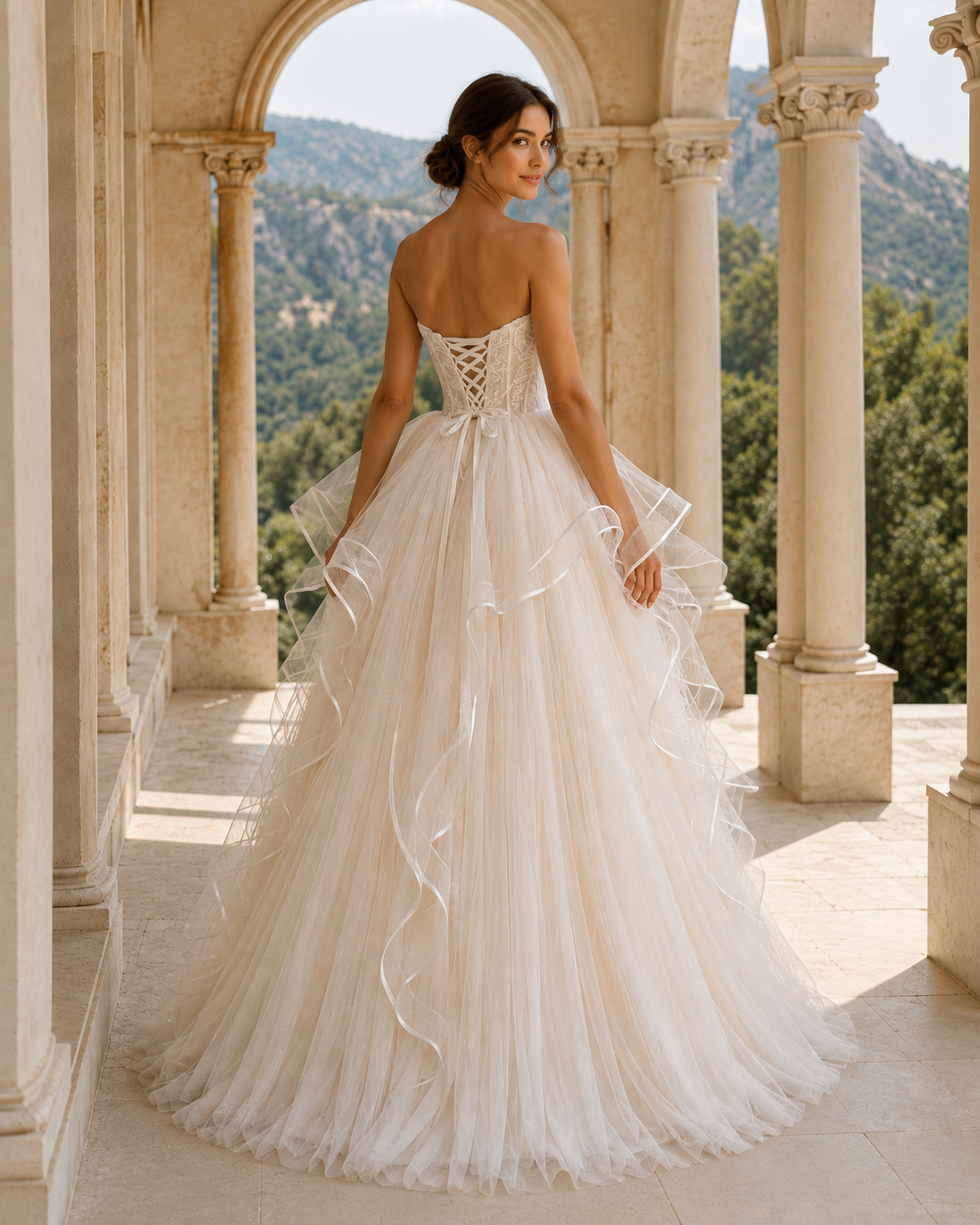 MANT Strapless Lace Cascade Ruffle A-Line Wedding Dress