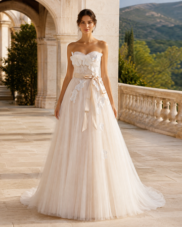 MANT Strapless Floral-Applique Bow A-Line Wedding Dress