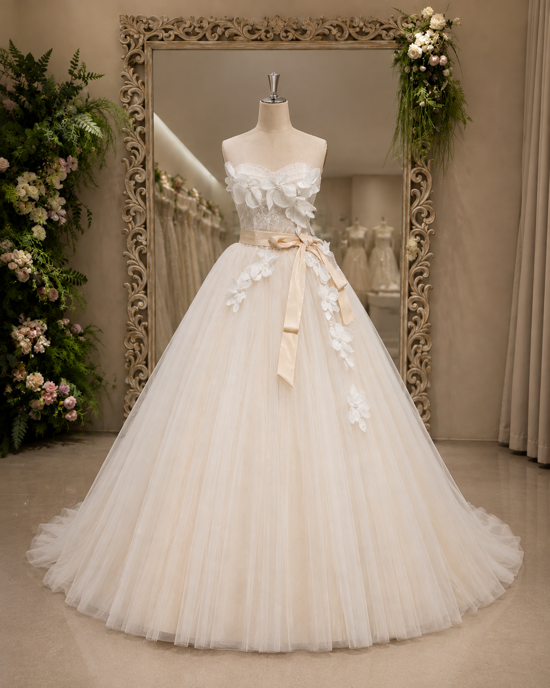 MANT Strapless Floral-Applique Bow A-Line Wedding Dress