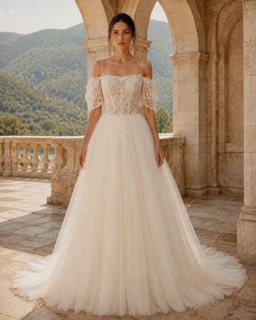 MANT Off-Shoulder Lace Sleeve A-Line Wedding Dress