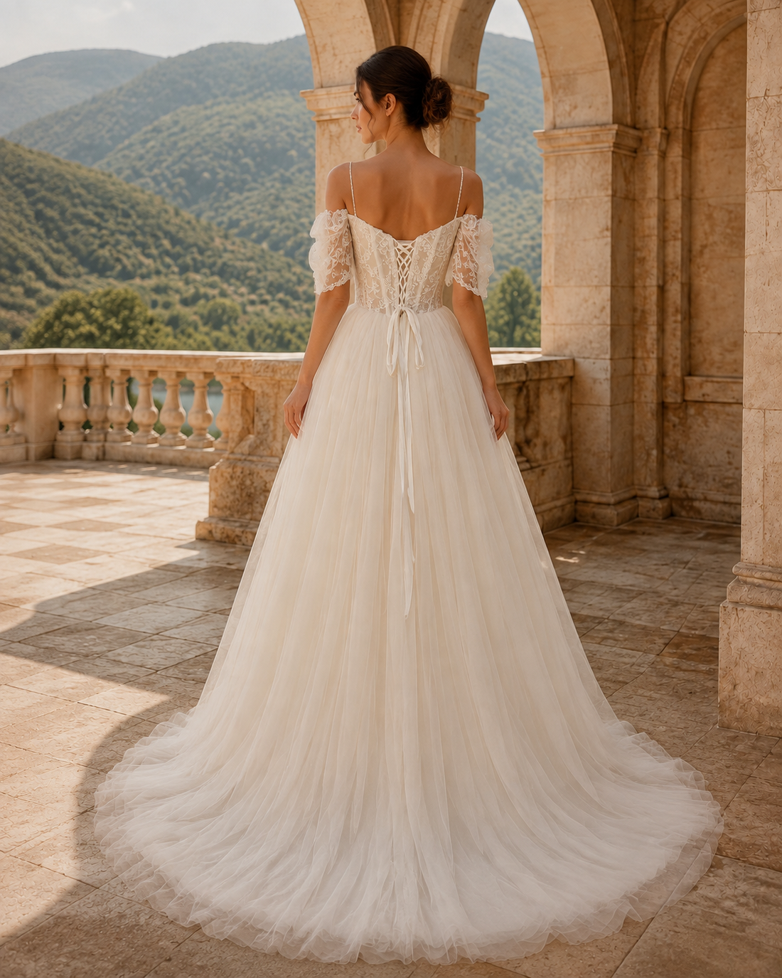 MANT Off-Shoulder Lace Sleeve A-Line Wedding Dress