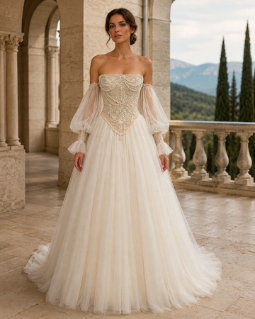 MANT Ornate Corset Bishop-Sleeve A-Line Wedding Dress