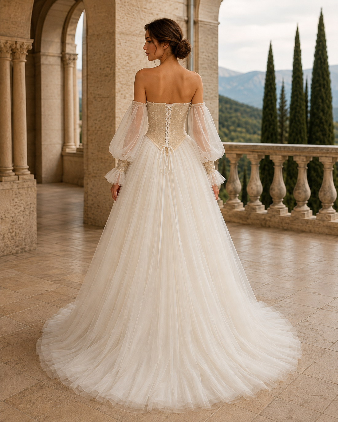 MANT Ornate Corset Bishop-Sleeve A-Line Wedding Dress