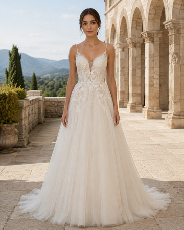 MANT Plunging V-Neck Floral Lace A-Line Wedding Dress