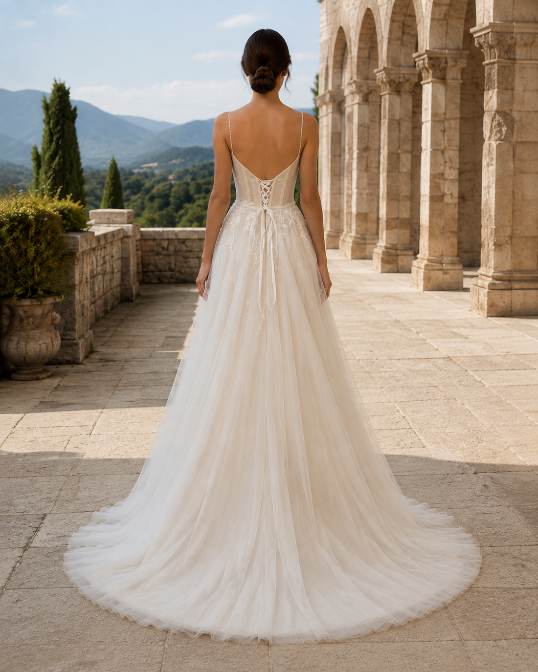 MANT Plunging V-Neck Floral Lace A-Line Wedding Dress