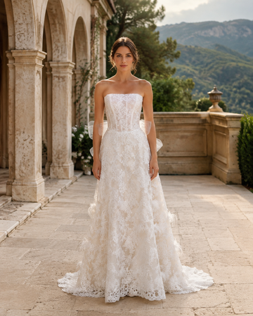 MANT Strapless Floral Lace Back-Bow A-Line Wedding Dress