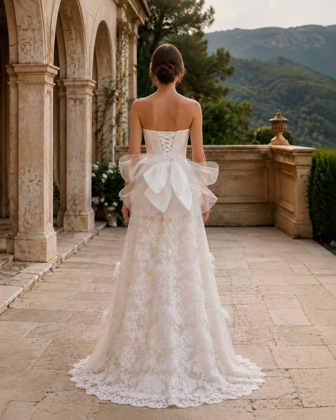 MANT Strapless Floral Lace Back-Bow A-Line Wedding Dress