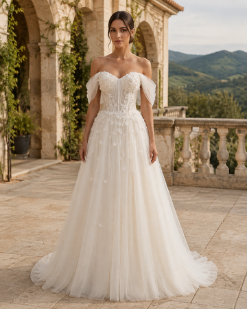 MANT Sweetheart Draped-Sleeve Floral A-Line Wedding Dress