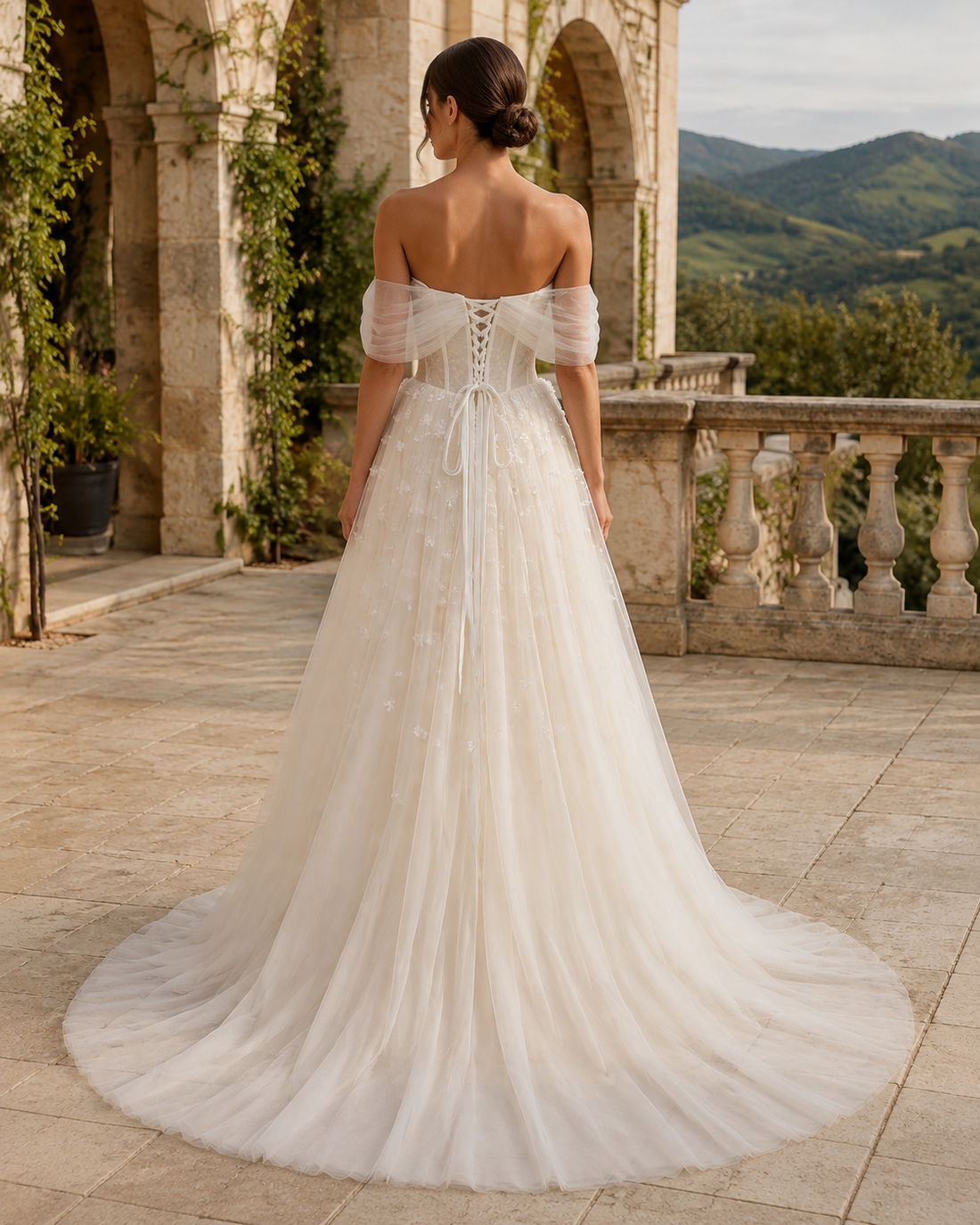 MANT Sweetheart Draped-Sleeve Floral A-Line Wedding Dress