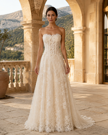 MANT Strapless Ribbon-Bow Lace A-Line Wedding Dress