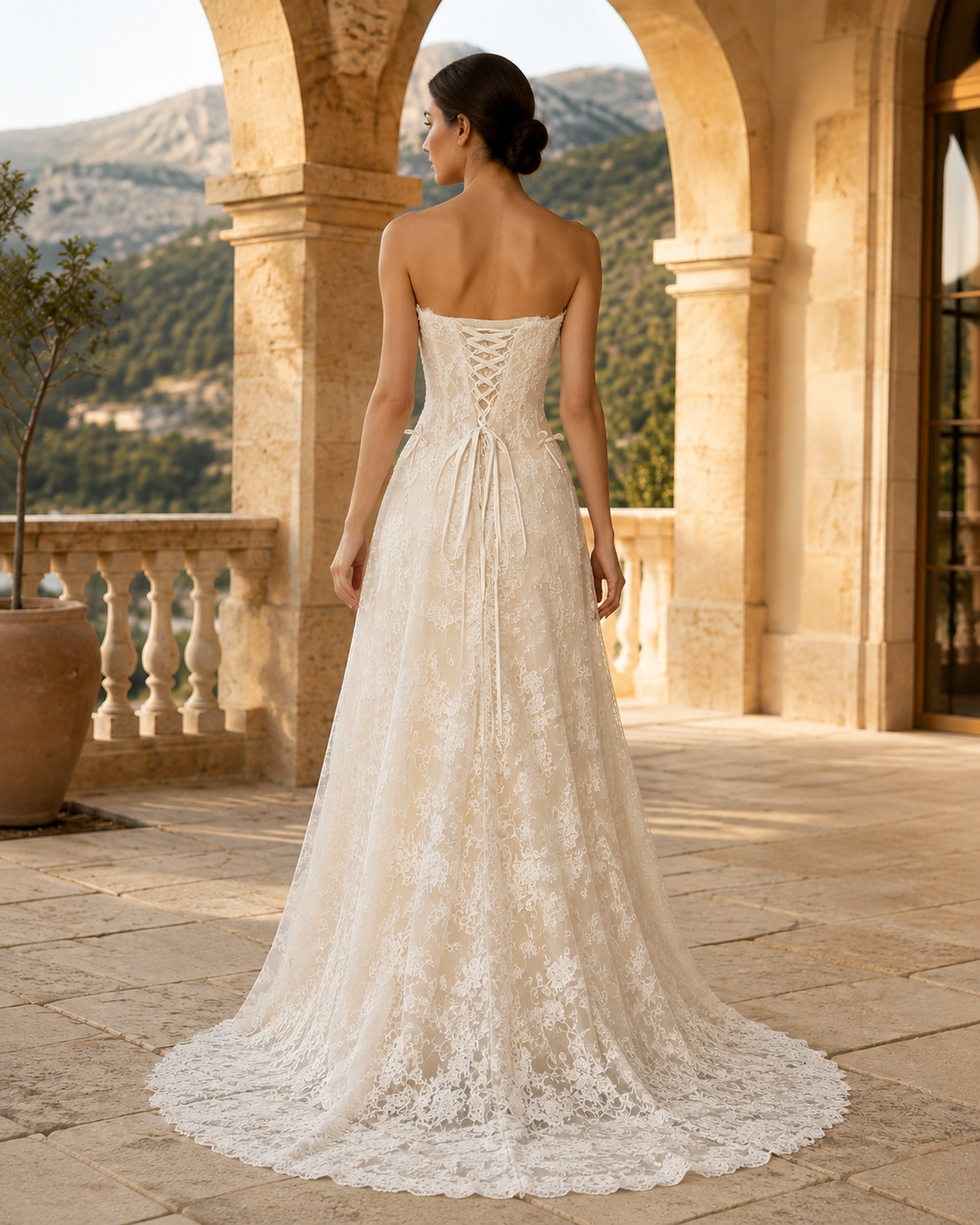 MANT Strapless Ribbon-Bow Lace A-Line Wedding Dress