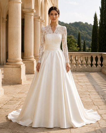 MANT High-Collar Long-Sleeve Lace A-Line Wedding Dress